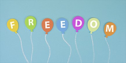 The word freedom is standing on ballons, new normal, covid-19 regulations, changing lifestyle, free