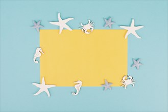 Empty yellow colored paper, sea stars, seahorses and crab bulding a frame, summer vacation, tourism