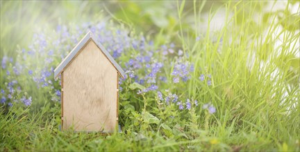 Wooden house in a meadow, buying or renting a house in nature, real estate concept, booking home