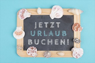 Book vacation now is standing in german language on the chalkboard, seashells bulit frame, holiday