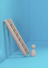 Man is standing next to a ladder, climbing up in career, having a goal, brainstorming for ideas,