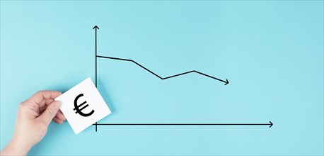 Inflation of the Euro currency, increase of prices and living costs, arrow shows down, financial