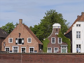 Historic half-timbered houses with a green ivy-covered house in an old town in spring-like weather,