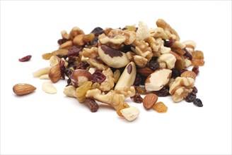 Mixture of nuts, dry fruits, healthy food, white background