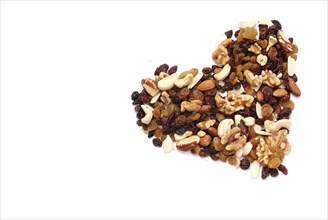 Mixture of nuts, dry fruits, healthy food, white background