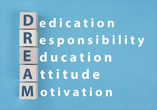 The words dream, dedication, responsibility, education, attitude and motivation are standing as a