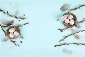 Easter holiday background, nest with small eggs, branches of pussy willow, greeting card, spring