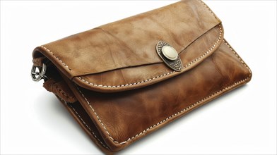 A brown leather wallet featuring a decorative clasp and detailed stitching. It has a vintage design