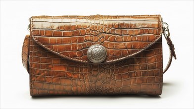 Brown leather clutch with a crocodile pattern and a vintage clasp, isolated on white background, AI