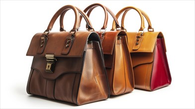 Three handbags in tan, orange, and red-brown colors, isolated on white background, AI generated