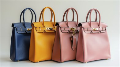 Four handbags in blue, yellow, pink, and red, made from leather, isolated on white background, AI