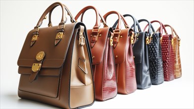 Six elegant leather handbags in assorted colors featuring gold accents and diverse designs,