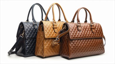 Three fashionable quilted leather handbags in black, tan, and brown, each with handles, isolated on