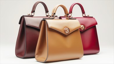 Three elegant handbags with structured designs in brown, tan, and red, featuring gold hardware,