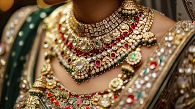 A traditional gold necklace with colorful gems and intricate design worn over a green saree,