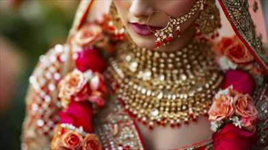 A bride wearing a traditional gold necklace and floral adornments, exuding a rich cultural ambiance