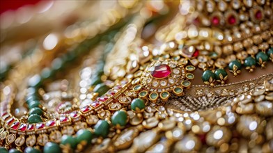 Close-up of an elaborate, traditional gold necklace with ruby and emerald gemstones, portraying