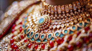 An ornate, traditional golden necklace adorned with red and emerald gemstones, capturing a vibrant,