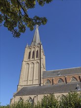 Pointed church tower in front of a bright blue sky, with large windows and green vegetation in the