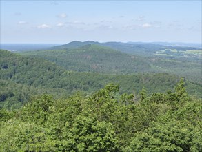 Panorama of densely wooded hills and clear sky with few clouds, Detmold, North Rhine-Westphalia,