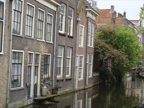 Historic brick houses on the canal with green plants and reflections in the water, Delft, Holland,