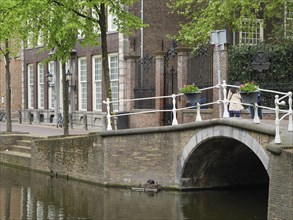 A picturesque bridge over a narrow canal, lined with historic buildings and green plants, Delft,