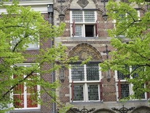 Historic brick building with ornate windows behind green trees, Delft, Holland, Netherlands