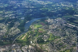 Aerial view from a great height of Hengsteysee on the right and at the bottom of the picture the