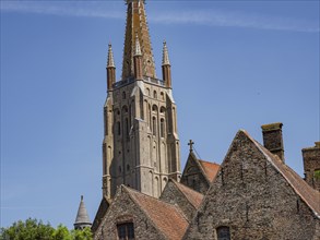 Detailed gothic church and church tower, historic brick buildings in the foreground, Bruges,