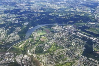 Aerial view from a great height of Hengsteysee on the right and at the bottom of the picture the