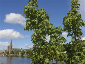 Church tower and urban buildings behind dense foliage and a river under a blue sky with white