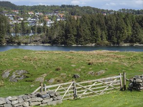 Green meadow with a wooden fence and a view of a river, surrounded by trees and a village in the
