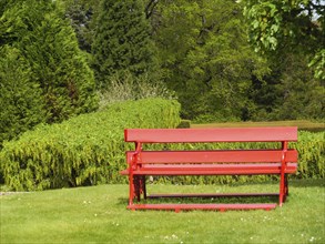 A red bench stands in a green park with trees and hedges in the background, inverness, scotland,