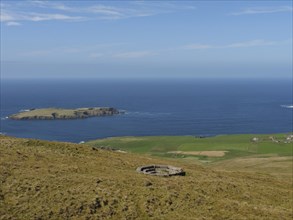 View of an island in the sea, surrounded by green hills, lerwick, shetlands, scotland, Great