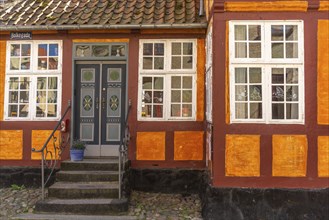 Faborg, Faaborg, picturesque old town with colourful houses, Holkegade, Hokestrasse, detail, steps,