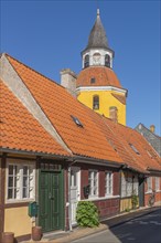 Faborg, Faaborg, picturesque old town with colourful houses, landmark bell tower, gabled houses,