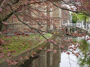 An idyllic canal with a small bridge and hanging branches with red leaves in front of old brick