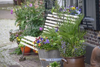 Street scene with white wooden bench and flower pots full of colourful flowers creating a cosy