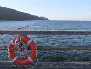 Lifebuoy on a pier with a view of the wide sea and the coast, Binz, Rügen, Germany, Europe