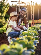 Grandpa works with his granddaughter in the vegetable garden, AI generated, AI generated