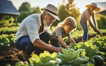 The grandparents have fun working with their granddaughter in the vegetable garden, AI generated,