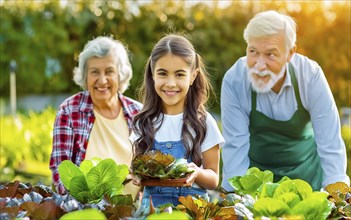 The grandparents have fun working with their granddaughter in the vegetable garden, AI generated,