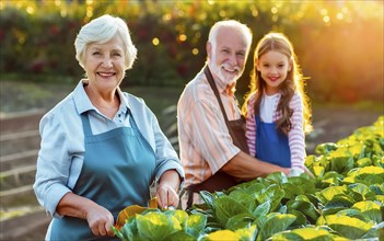 The grandparents have fun working with their granddaughter in the vegetable garden, AI generated,