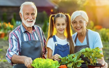 The grandparents have fun working with their granddaughter in the vegetable garden, AI generated,