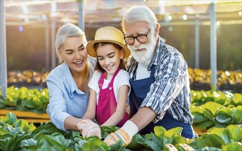 The grandparents have fun working with their granddaughter in the vegetable garden, AI generated,