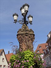 Historic street lamp with flowers and half-timbered houses in the background under a blue sky,