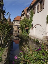 Romantic view of a canal in the old town with half-timbered houses and blooming flowers on the