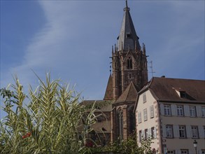 A church with a high tower next to an old building and plants, Wissembourg, Alsace, France, Europe