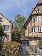 Half-timbered houses by the river with flowers and a bridge in a European town, Wissembourg,