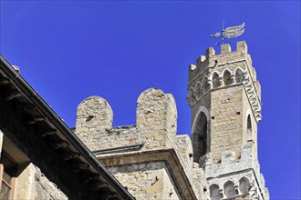 Palazzo dei Priori, City Palace, Volterra, Tuscany, Italy, Europe, A medieval castle tower under a